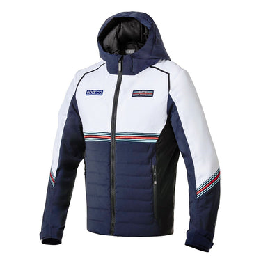 Navy and white jacket with brand logos on a white background